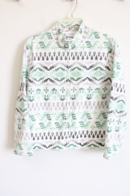 Alfred Dunner Embellished Green & Gray Patterned Soft Zip Up Jacket | L Petite