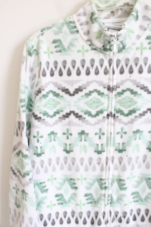 Alfred Dunner Embellished Green & Gray Patterned Soft Zip Up Jacket | L Petite
