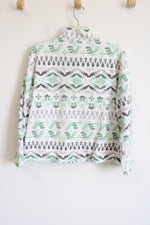 Alfred Dunner Embellished Green & Gray Patterned Soft Zip Up Jacket | L Petite