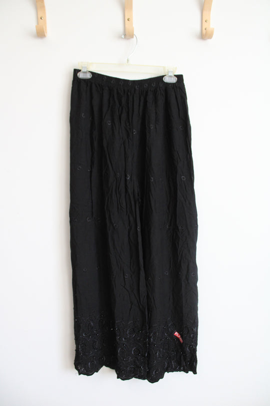 Plazo Black Embroidered Beaded Flowy Pants | M