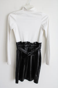 Saw What Black White Mock Neck Faux Leather skirt Dress | S