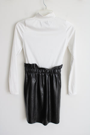 Saw What Black White Mock Neck Faux Leather skirt Dress | S