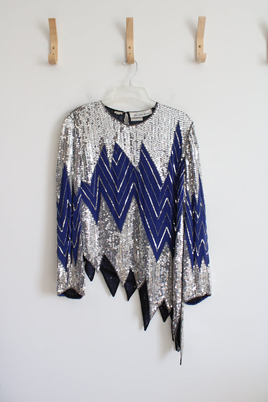 Vintage Saks Fifth Avenue Judith Ann Creations Blue & Silver Sequined Asymmetrical Silk Top | L