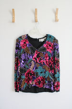 Oleg Cassini Black Tie Colorful Sequined Black Silk Top | L