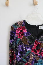 Oleg Cassini Black Tie Colorful Sequined Black Silk Top | L