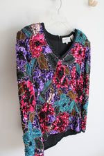 Oleg Cassini Black Tie Colorful Sequined Black Silk Top | L
