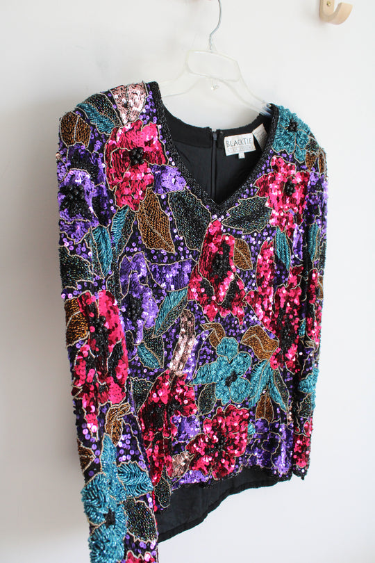 Oleg Cassini Black Tie Colorful Sequined Black Silk Top | L