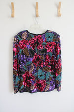 Oleg Cassini Black Tie Colorful Sequined Black Silk Top | L