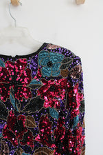 Oleg Cassini Black Tie Colorful Sequined Black Silk Top | L