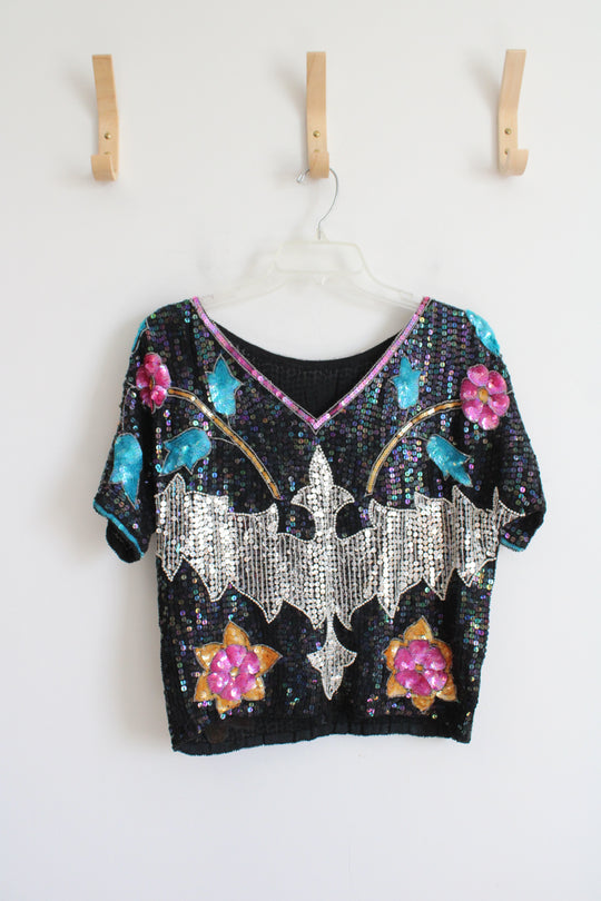 Vintage Colorful Floral Black Cropped Boxy Top | L