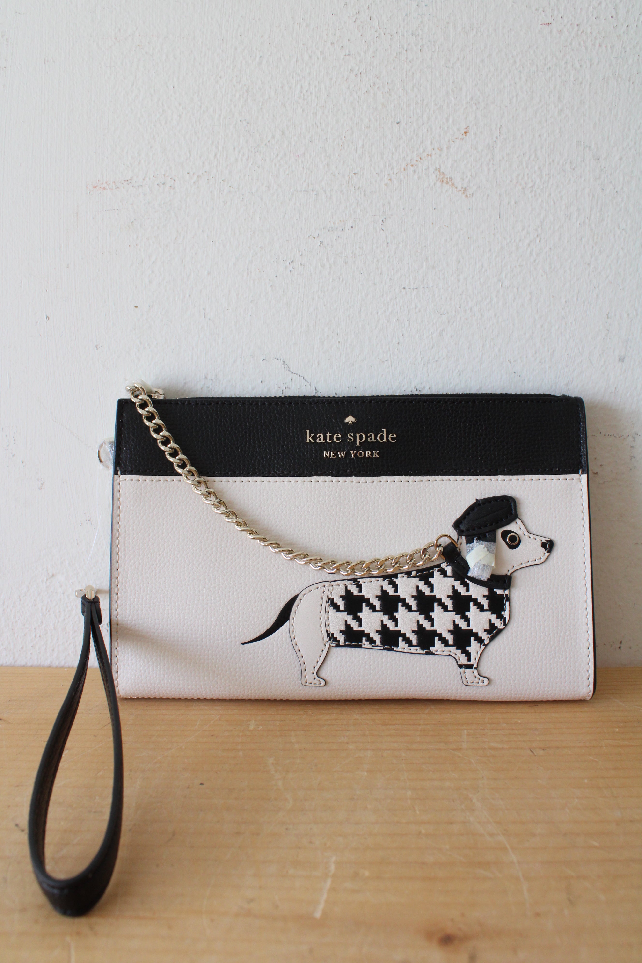 NEW Kate Spade Black & White Houndstooth Fetch Dachshund Wristlet Clutch