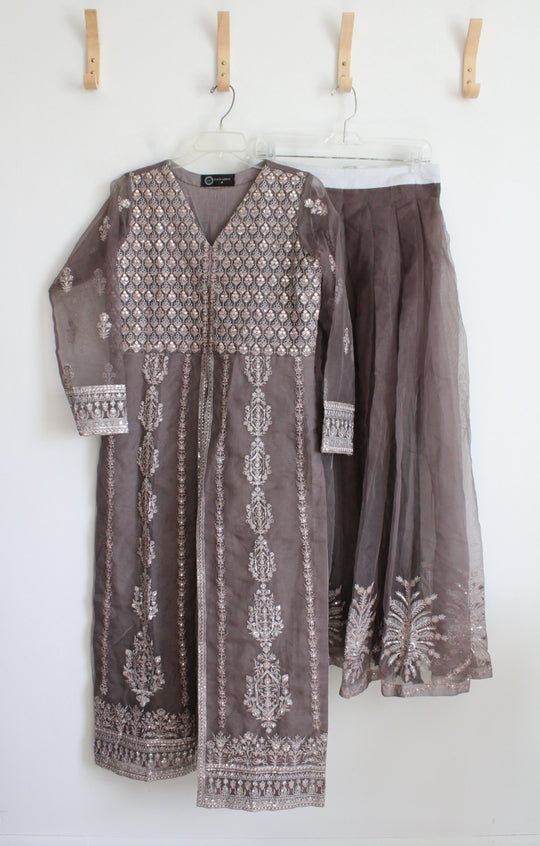 Daud Abbas Gray Brown Sequined Kurta Lehnga & Dupatta Set | M