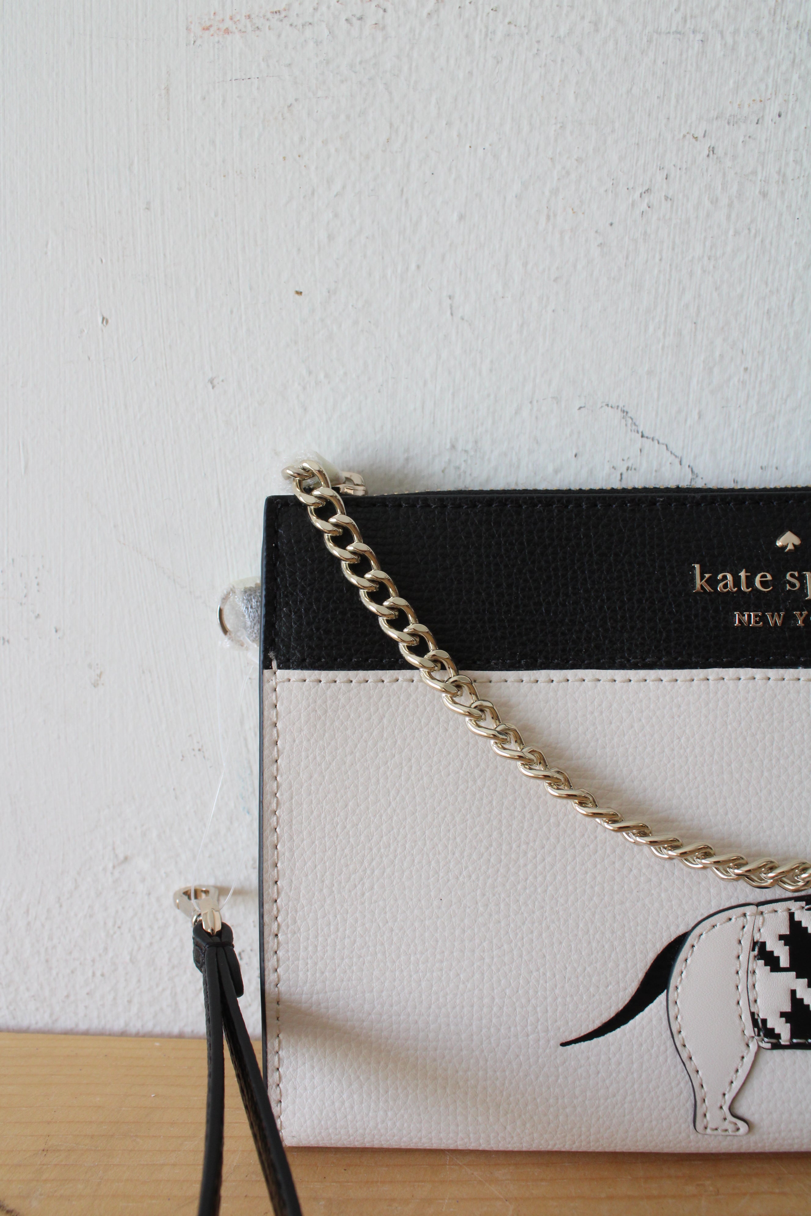 NEW Kate Spade Black & White Houndstooth Fetch Dachshund Wristlet Clutch