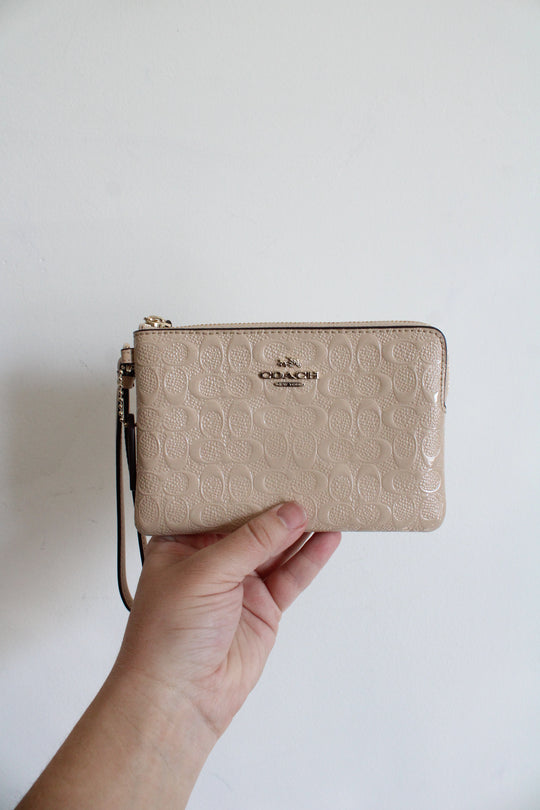 Coach Signature Debossed Patent Leather Tan Wristlet