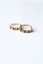Sterling Silver Gold Tint Black Onyx & Clear Stone Hoop Earrings