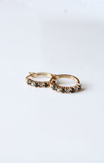 Sterling Silver Gold Tint Black Onyx & Clear Stone Hoop Earrings