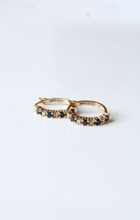 Sterling Silver Gold Tint Black Onyx & Clear Stone Hoop Earrings