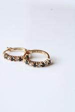 Sterling Silver Gold Tint Black Onyx & Clear Stone Hoop Earrings
