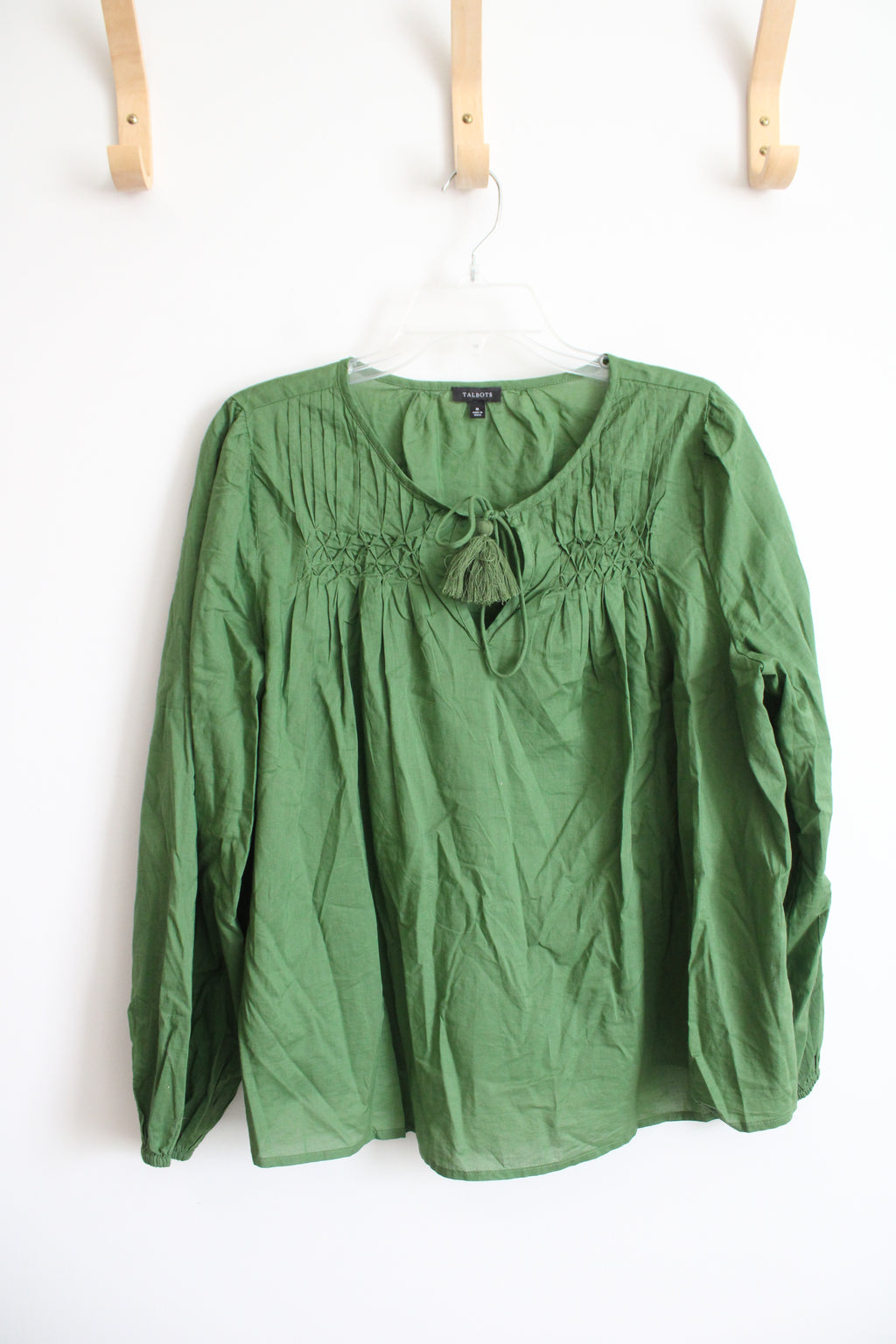 Talbots Green Pleated Tied Long Sleeved Cotton Top | M