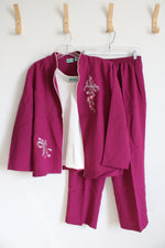 Haband Sara Morgan Embroidered Floral Magenta Jacket Tank & Pants Set | L Petite
