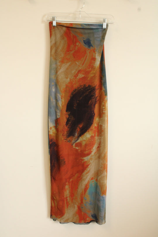 Zara Mesh Orange Blue Brown Fitted Sleeveless Maxi Bodycon Dress | S