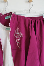 Haband Sara Morgan Embroidered Floral Magenta Jacket Tank & Pants Set | L Petite