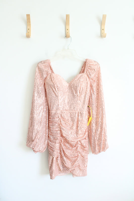 Light Pink Sequined Ruched Long Sleeved Mini Dress | S