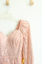 Light Pink Sequined Ruched Long Sleeved Mini Dress | S