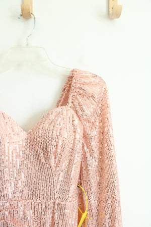 Light Pink Sequined Ruched Long Sleeved Mini Dress | S