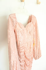 Light Pink Sequined Ruched Long Sleeved Mini Dress | S