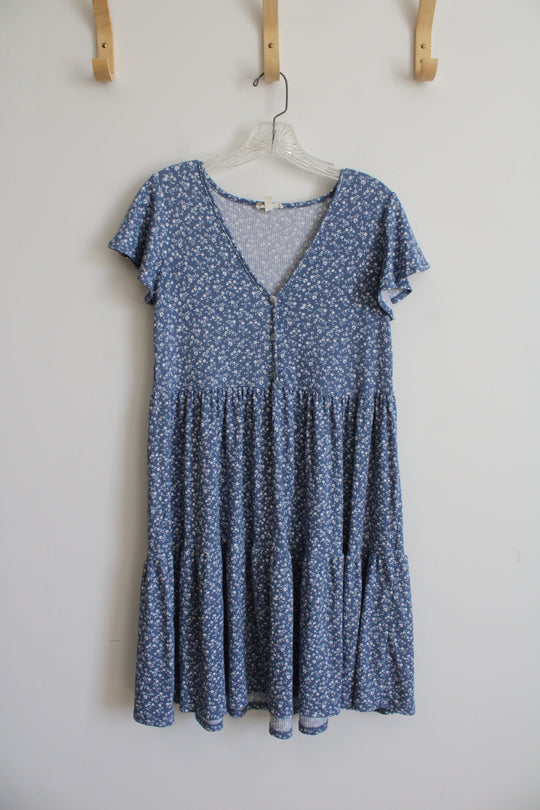 See You Monday Blue & White Floral Ribbed Dress | XL