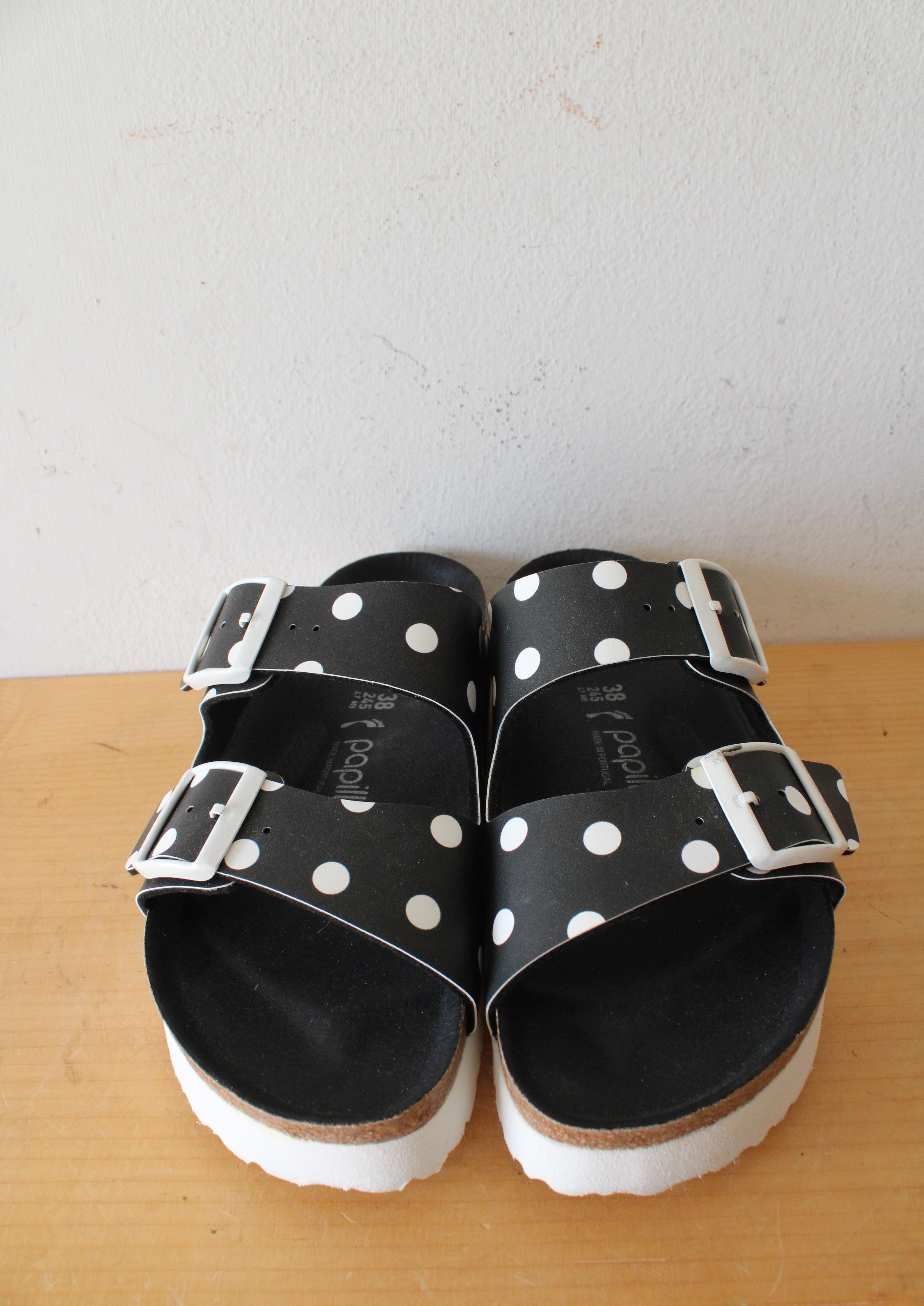 Birkenstock Papilliio Black & White Polka Dot Platform Sandals | Size 38