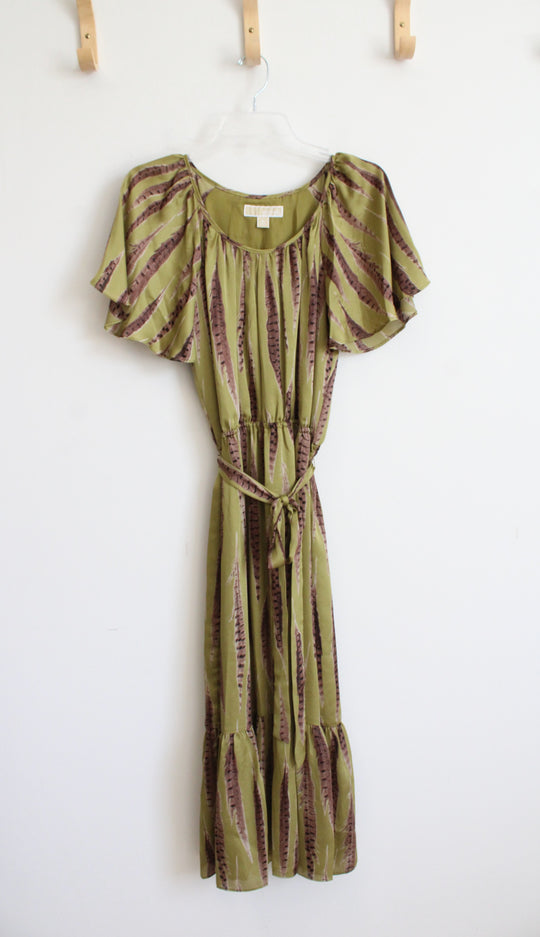 Michael Kors Green Brown Feather Satin Dress | XS