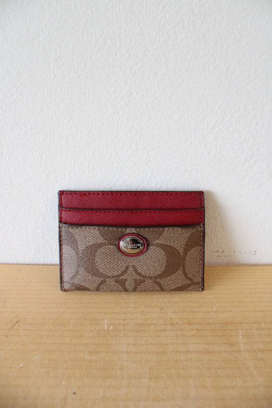 Coach Peyton Khaki & Red Signature Card Holder