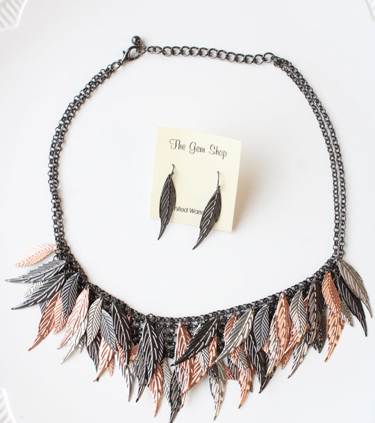 NEW The Gem Shop Mixed Metal Feather Necklace & Earring Set