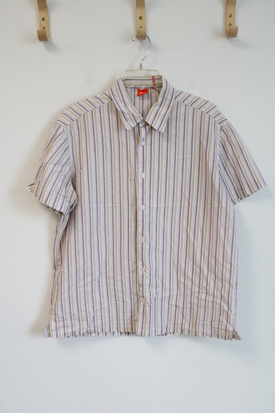 BOSS Hugo Boss Purple Green Striped Short Sleeved Button Down Shirt | XL