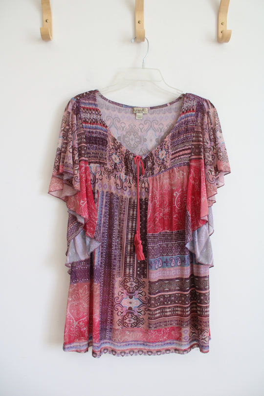One World Pink Brown & Purple Patterned Ruffled Sleeved Top | L