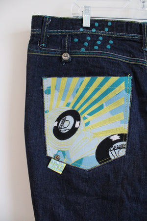Akademiks RN0100964 Blue & Yellow Graffiti Denim Shorts | 42
