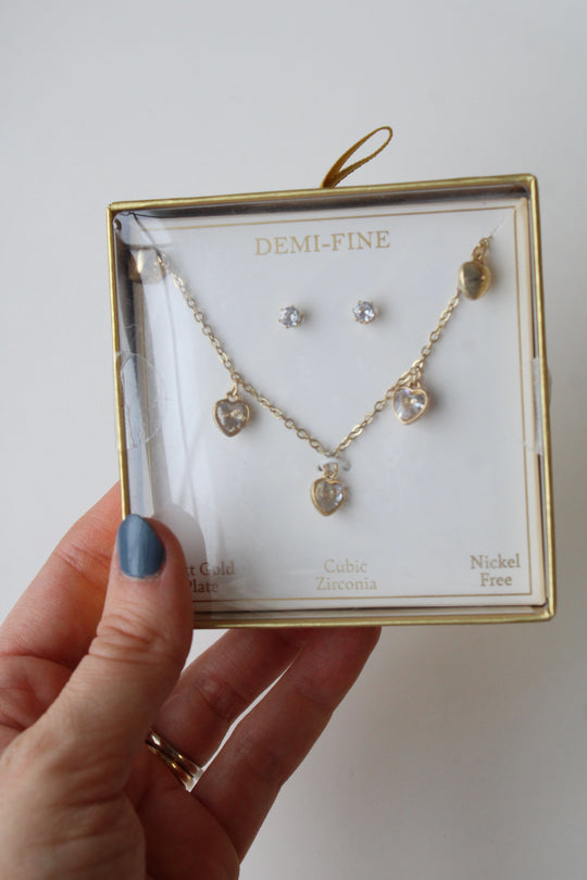 NEW Demi-Fine 14K Gold Plate Cubic Zirconia Gold Heart Necklace & Earring Set