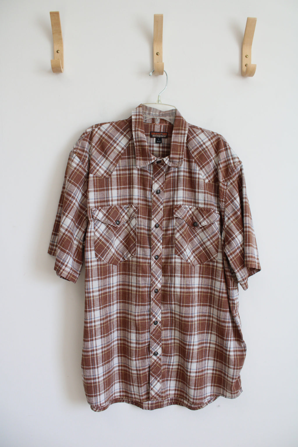 Patagonia Brown Blue White & Yellow Plaid Button Down Shirt | L
