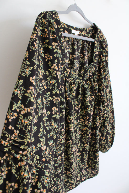 Lauren Conrad Black Green & Orange Floral Square Neck Top | 2X