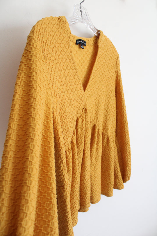 Kim & Cami Mustard Gold Textured Flowy Long Sleeved Top | S