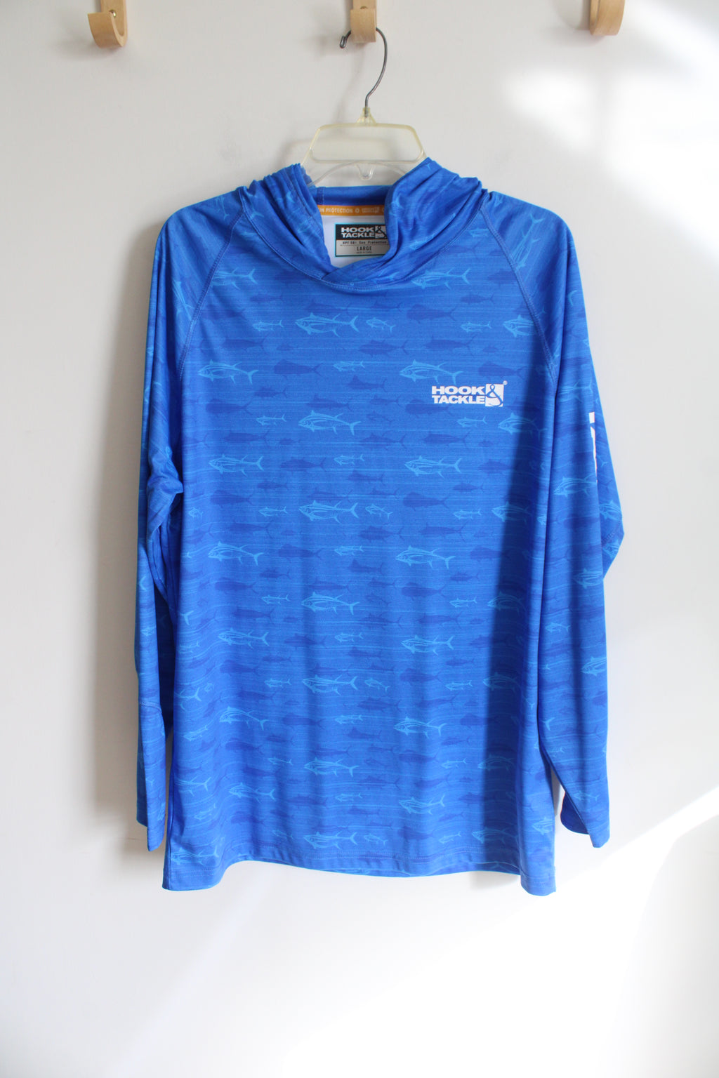 Hook & Tackle Blue Fish Patterned UPF 50+ Hoodie | L