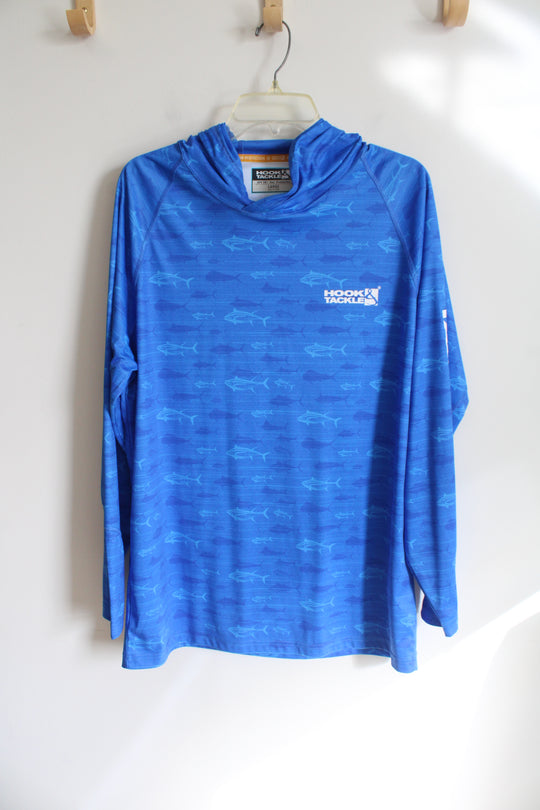 Hook & Tackle Blue Fish Patterned UPF 50+ Hoodie | L