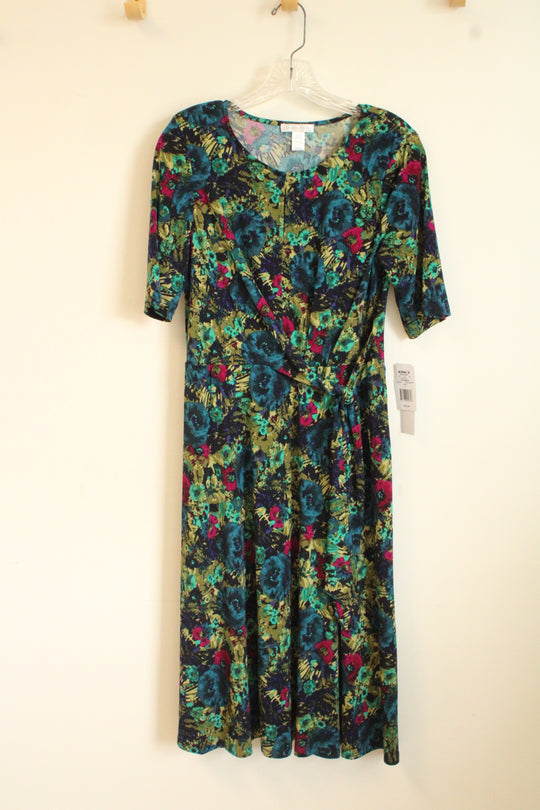 NEW London Times Blue Purple and Green Floral Print Dress with Side Tie | 8
