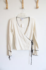 NEW Ann Taylor LOFT Cream Black Trimmed Wool Blend Wrap Top | XS