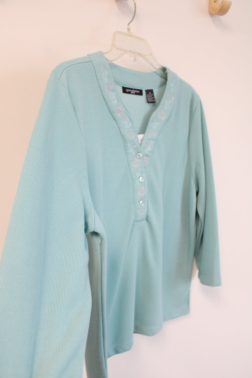 Speculation Light Blue 1/4 Button Down Top | M Petite