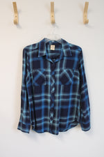 Faded Glory Blue Plaid Button Down Top | S