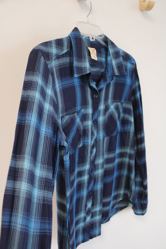 Faded Glory Blue Plaid Button Down Top | S
