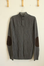 Chaps Gray Cotton Sweater with Brown Suede Elbow Patches | M
